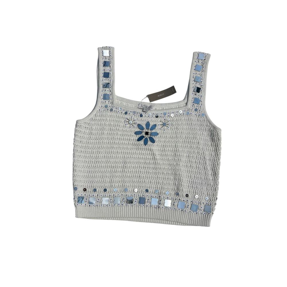J Crew Knit Sweater Tank Hand Embellished Mirrors Square Neck White L - Picture 1 of 6
